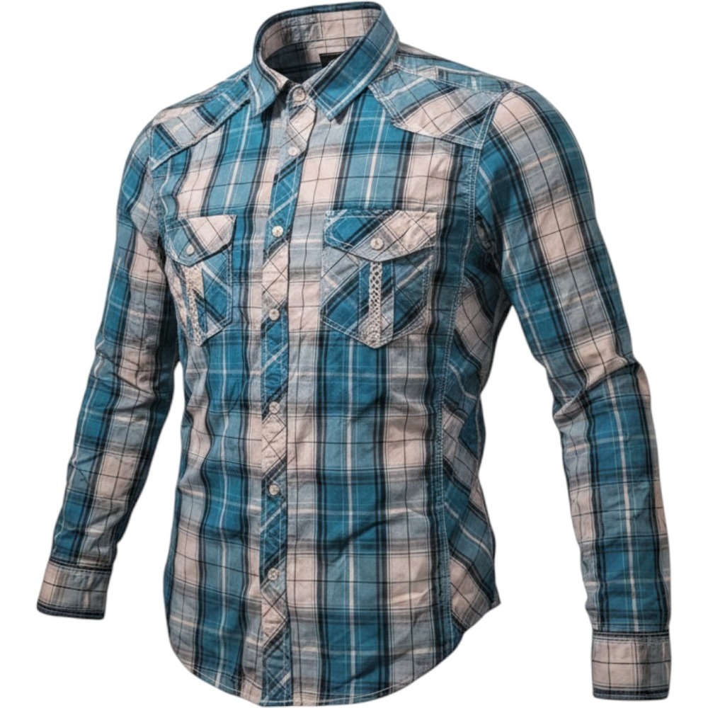 Chalc Mens Size L Blue Plaid Pearl Snap Western Shirt Long Sleeve Cowboy